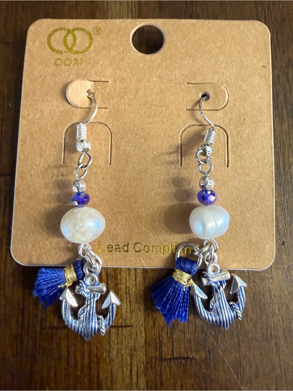 Blue Tassel Anchor Drop Earrings with Pearl Bead